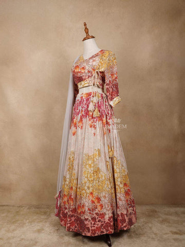 Ivory Net Lehenga Embellished with Floral Prints and Sequins paired with Dupatta - Diadem