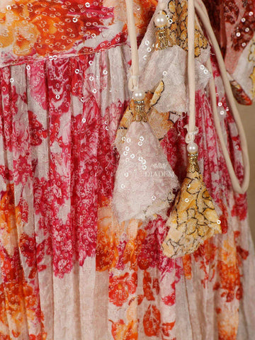 Ivory Net Lehenga Embellished with Floral Prints and Sequins paired with Dupatta - Diadem