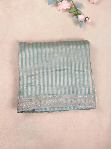 Mint Organza Saree with Stripes on the body and Embroidery Border - Diadem