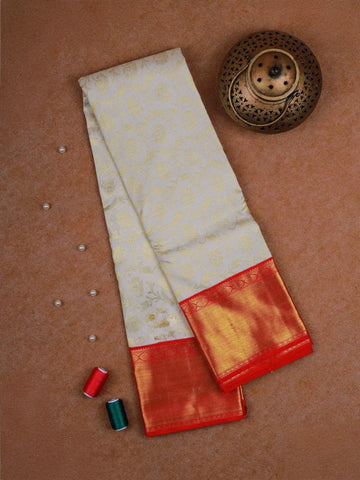 White Pure Kanchipuram Silk Saree with Vines Floral Design on the Body with Korvai Border - Diadem