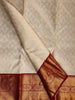 White Pure Kanchipuram Bridal Silk Saree with Flower Motifs on the Body with Korvai Border - Diadem