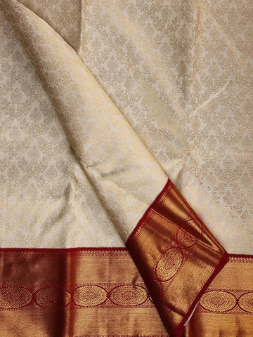 White Pure Kanchipuram Bridal Silk Saree with Flower Motifs on the Body with Korvai Border - Diadem