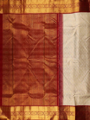 White Pure Kanchipuram Bridal Silk Saree with Flower Motifs on the Body with Korvai Border - Diadem