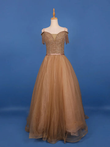 Bronze Crystals And Sequins Embroidered Net Gown - Diadem
