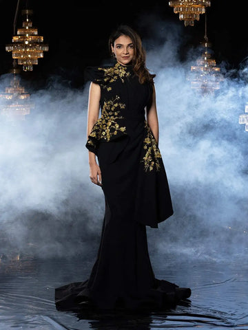 Black Crepe Gown with Sequins & Pearls - Diadem
