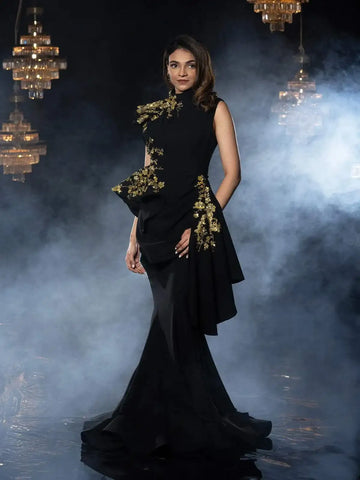 Black Crepe Gown with Sequins & Pearls - Diadem