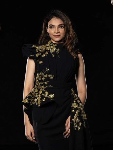 Black Crepe Gown with Sequins & Pearls - Diadem