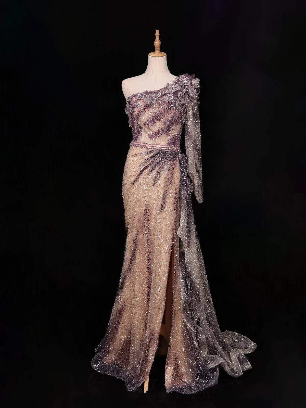 Purple 3D Flowers and Sequins Designed Gown - Diadem