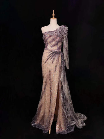 Purple 3D Flowers and Sequins Designed Gown - Diadem