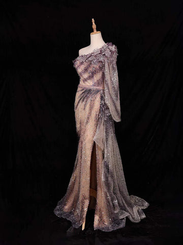 Purple 3D Flowers and Sequins Designed Gown - Diadem