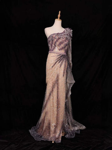 Purple 3D Flowers and Sequins Designed Gown - Diadem