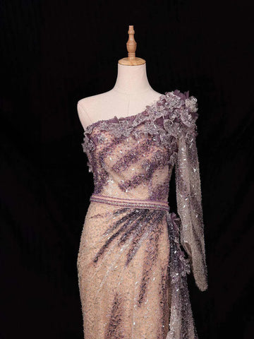 Purple 3D Flowers and Sequins Designed Gown - Diadem