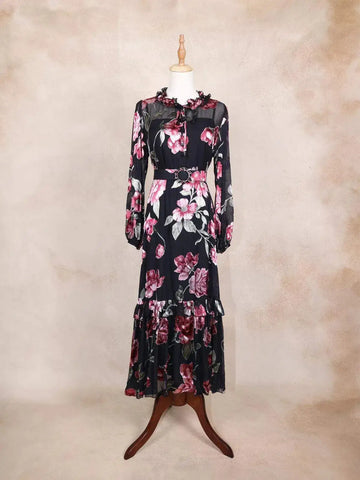 Black Net Kurti Top Adorned with Flower Design - Diadem