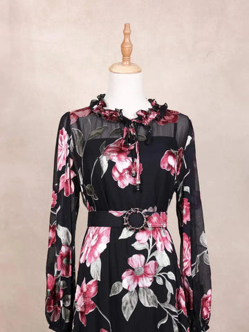 Black Net Kurti Top Adorned with Flower Design - Diadem