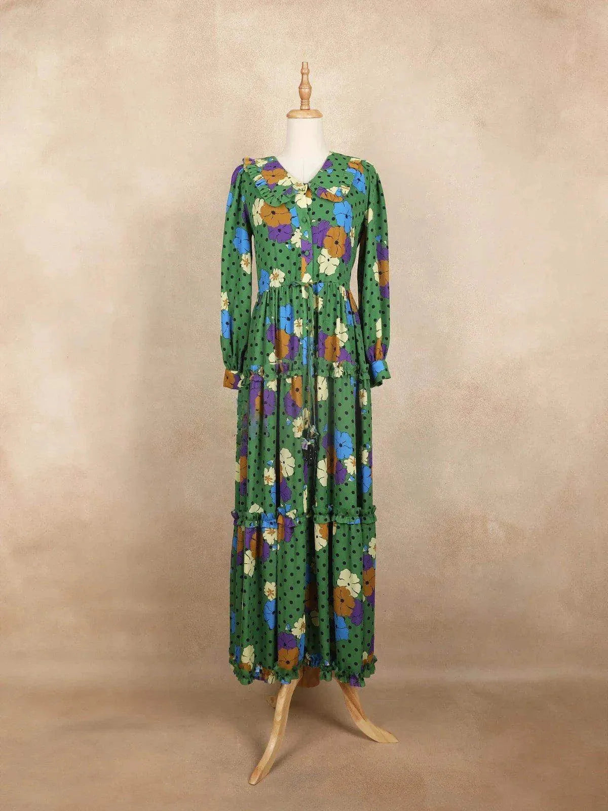 Green Long Kurti Top Adorned with Ruffled and Printed Flower Design with Peter Pan Neck - Diadem
