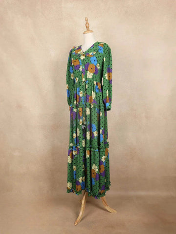 Green Long Kurti Top Adorned with Ruffled and Printed Flower Design with Peter Pan Neck - Diadem