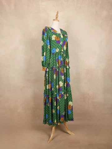Green Long Kurti Top Adorned with Ruffled and Printed Flower Design with Peter Pan Neck - Diadem