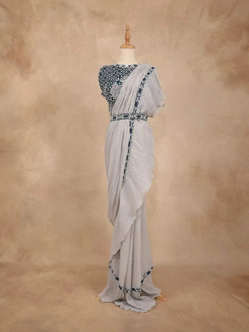 Ash Crush Crepe Ready to Wear Saree with Plain Body Paired with Designer Blouse and Waist Belt - Diadem