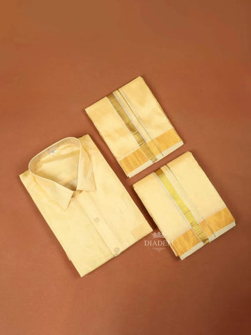 Sandal Plain Semi Silk Full-Sleeve Shirt with Matching Dhoti and Towel Set - Diadem