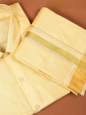 Sandal Plain Semi Silk Full-Sleeve Shirt with Matching Dhoti and Towel Set - Diadem