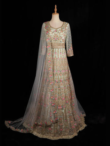 Pale Green Engagement Gown with Floral Embroidery Design and Net Dupatta - Diadem