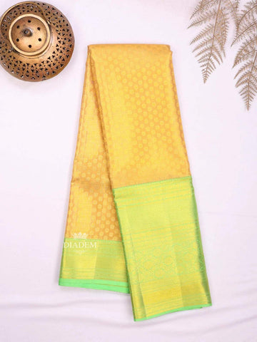 Yellow Pure Kanchipuram Bridal Silk Saree with Zari Butta on the body and Contrast Zari Border - Diadem