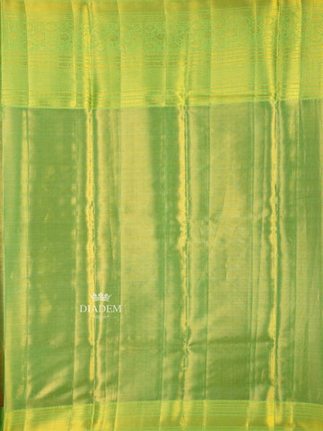 Yellow Pure Kanchipuram Bridal Silk Saree with Zari Butta on the body and Contrast Zari Border - Diadem