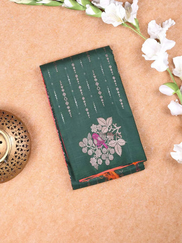 Dark Green Pure Kanchipuram Saree With Striped and Floral Design on the Body and without Border - Diadem