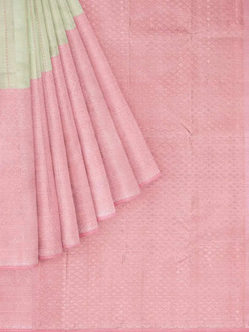 Light Green Pure Kanchipuram Bridal Silk Saree with Dot Stripes Design on the Body and Contrast Zari Border - Diadem