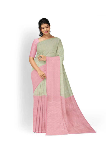 Light Green Pure Kanchipuram Bridal Silk Saree with Dot Stripes Design on the Body and Contrast Zari Border - Diadem