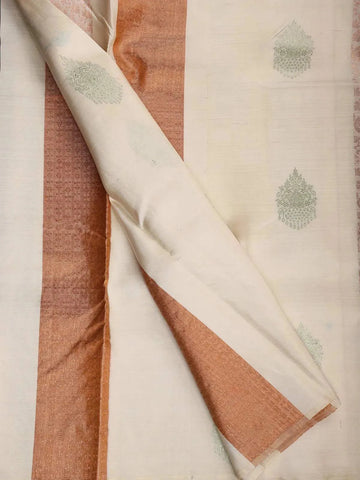 White Pure Kanchipuram Bridal Silk Saree with Floral Design without Border - Diadem
