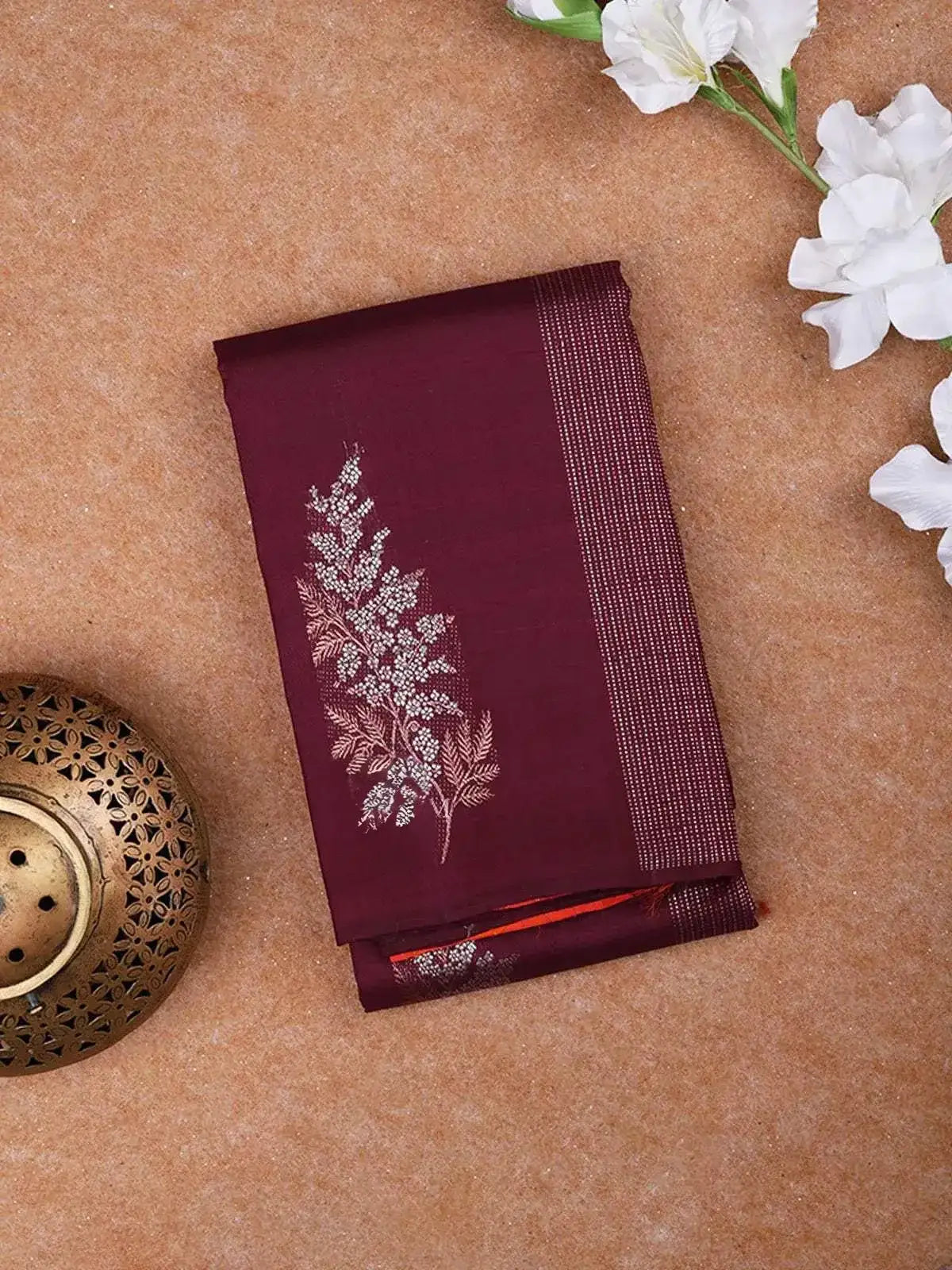 Wine Pure Kanchipuram Bridal Silk Saree Tree Motif on the Body without Border - Diadem