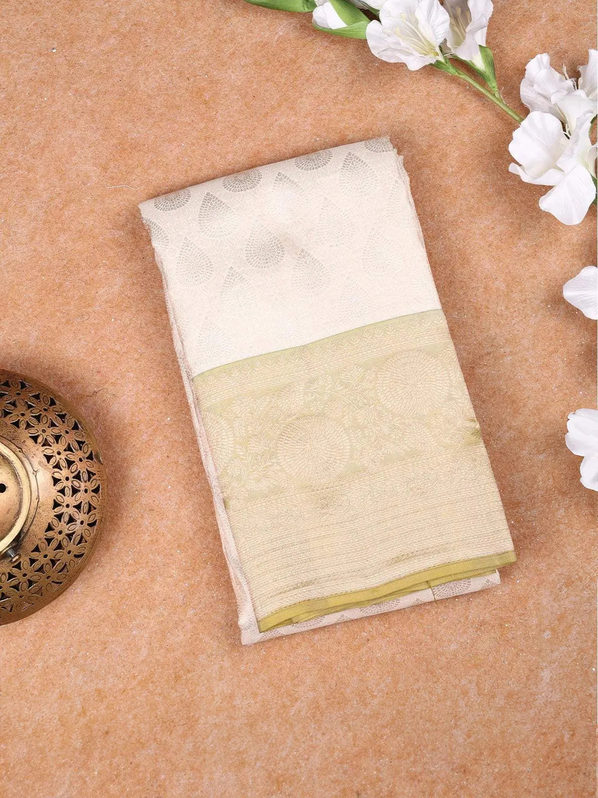 Sandal Pure Kanchipuram Bridal Silk Saree with Floral Motif on the Body with Zari Border - Diadem