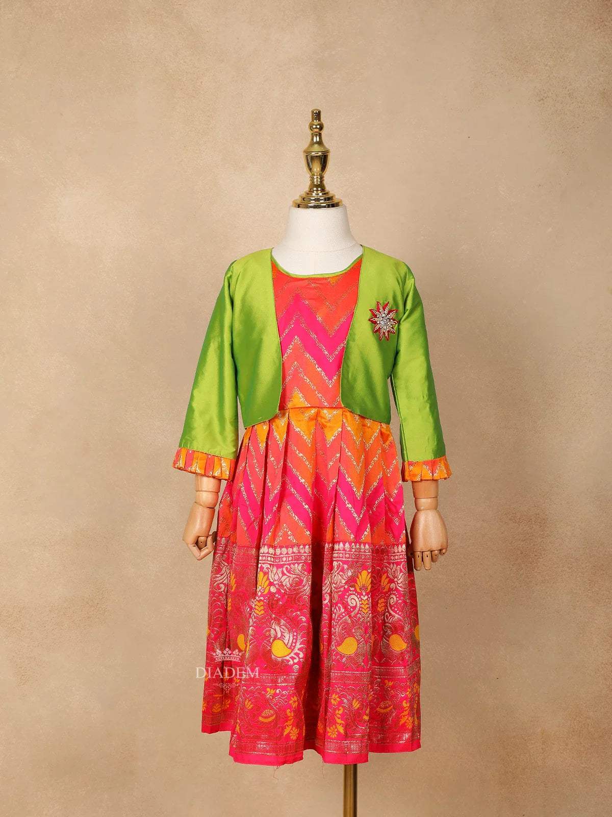Pink and Orange Silk Pattu Pavadai Set Adorned with Zariwork paired with Contrast Overcoat - Diadem