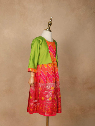 Pink and Orange Silk Pattu Pavadai Set Adorned with Zariwork paired with Contrast Overcoat - Diadem
