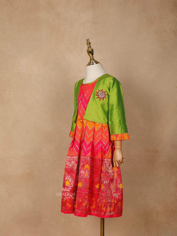 Pink and Orange Silk Pattu Pavadai Set Adorned with Zariwork paired with Contrast Overcoat - Diadem