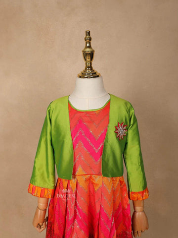 Pink and Orange Silk Pattu Pavadai Set Adorned with Zariwork paired with Contrast Overcoat - Diadem