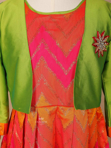 Pink and Orange Silk Pattu Pavadai Set Adorned with Zariwork paired with Contrast Overcoat - Diadem