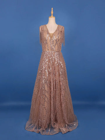 Rose Gold Sequins Embroidered Net Gown - Diadem