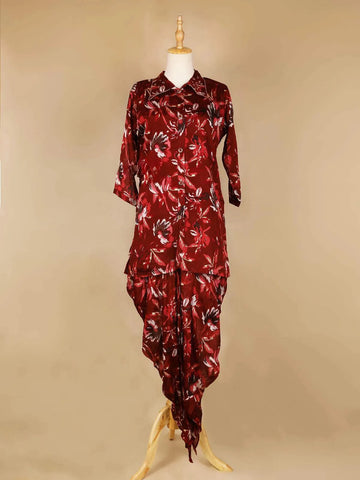 Dark Red Salwar Suit Adorned with Floral Designs, with Collar and 3/4 Sleeve - Diadem