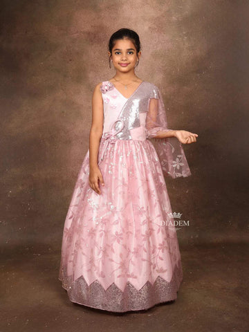Light Pink Glitter Gown with Sequence and Floral design on the Body - Diadem