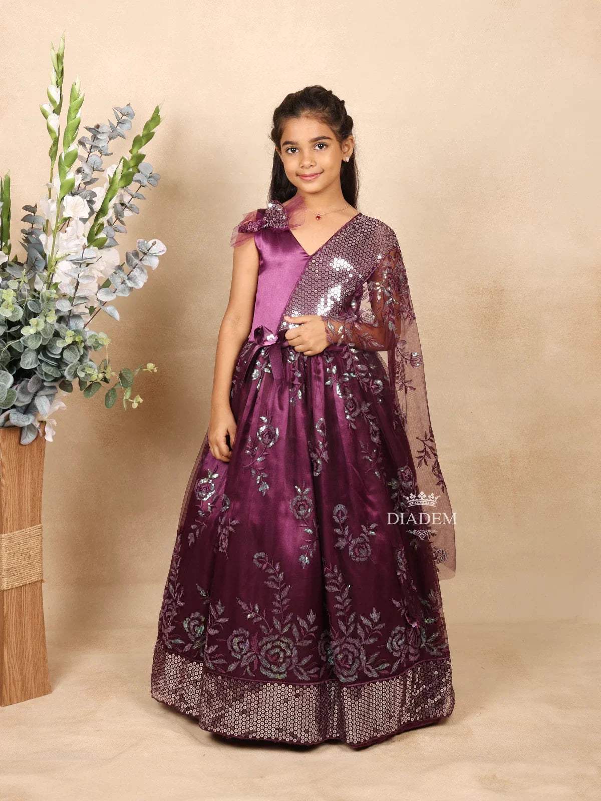 Purple Satin with Netted Gown with Sequence with Embroidery - Diadem