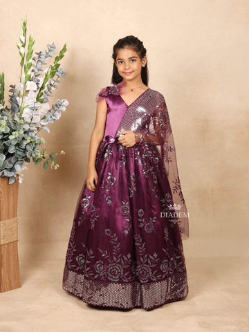 Purple Satin with Netted Gown with Sequence with Embroidery - Diadem