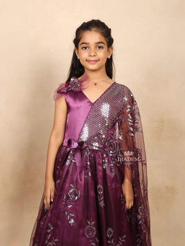 Purple Satin with Netted Gown with Sequence with Embroidery - Diadem