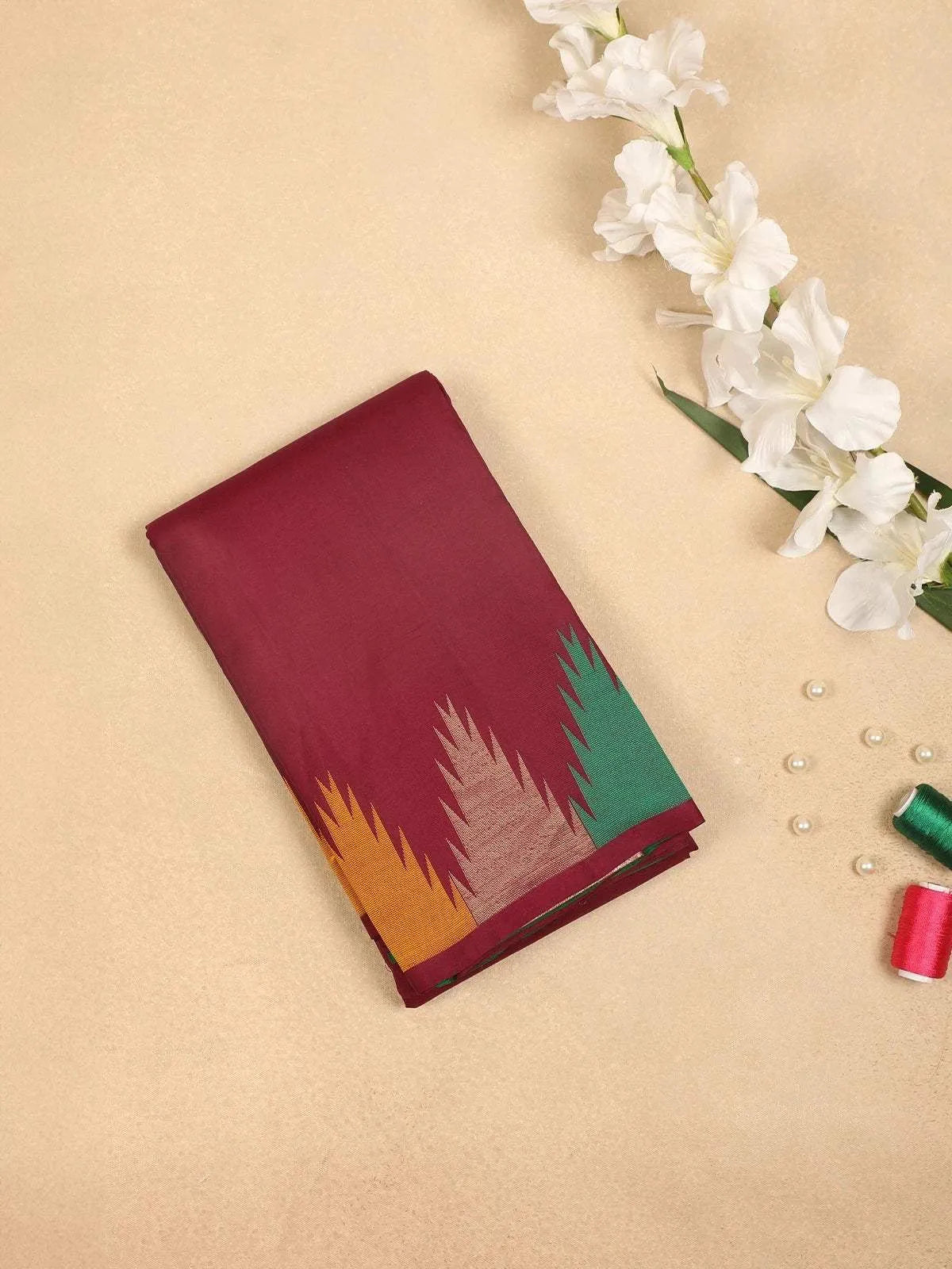 Burgandy Pure Kanchipuram Bridal Silk Saree with Plain Body Design with Temple Design Border - Diadem