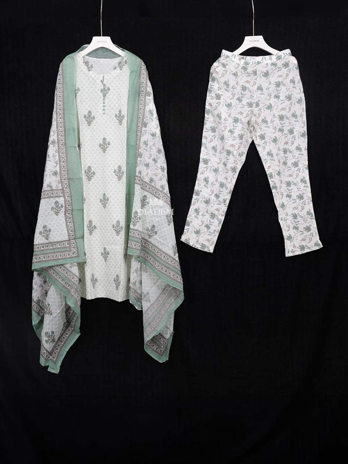 Off White and Green Cotton Straight Cut Salwar Suit Adorned with Floral Prints paired with Dupatta - Diadem