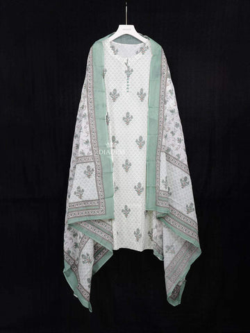 Off White and Green Cotton Straight Cut Salwar Suit Adorned with Floral Prints paired with Dupatta - Diadem