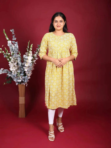Mustard Yellow Cotton Kurti with Design Prints - Diadem