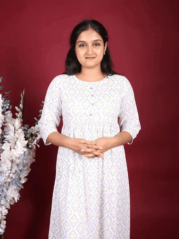 Off White Cotton Kurti Top Adorned with Design Prints - Diadem