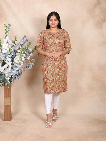 Brown Cotton Kurti Top Adorned with Floral Prints - Diadem